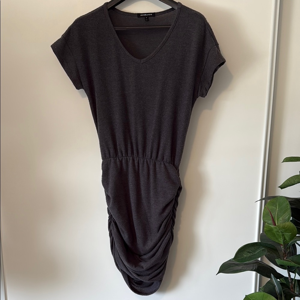 Gray Ruched V-Neck Dolman Sleeve Mini Dress